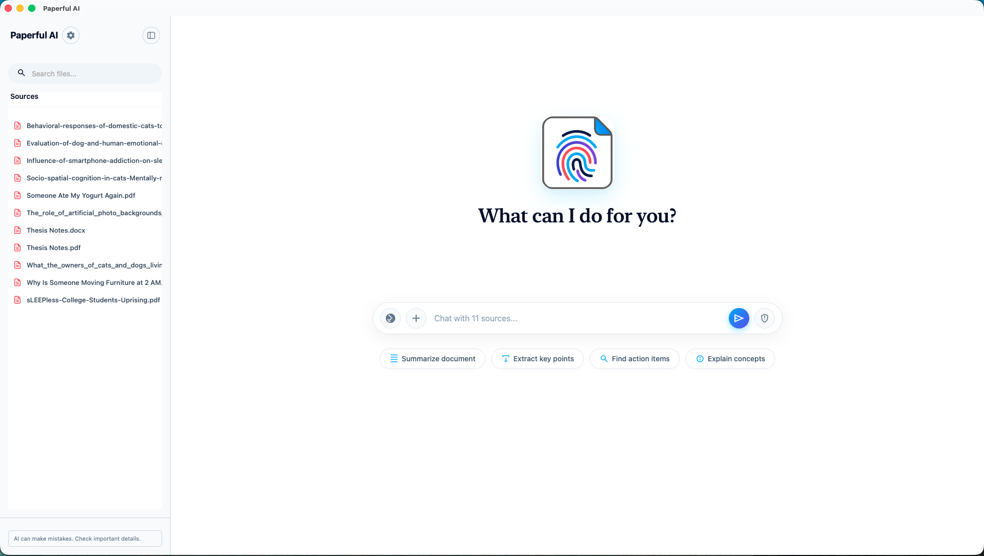 Paperful AI home screen in light mode showing an indexed list of sources and the prompt 'What can I do for you?'