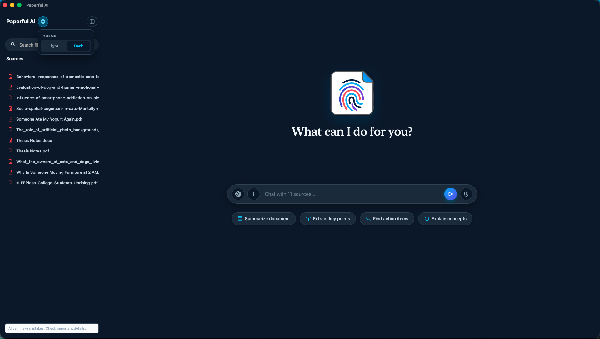 Paperful AI in dark mode with the theme switcher menu open