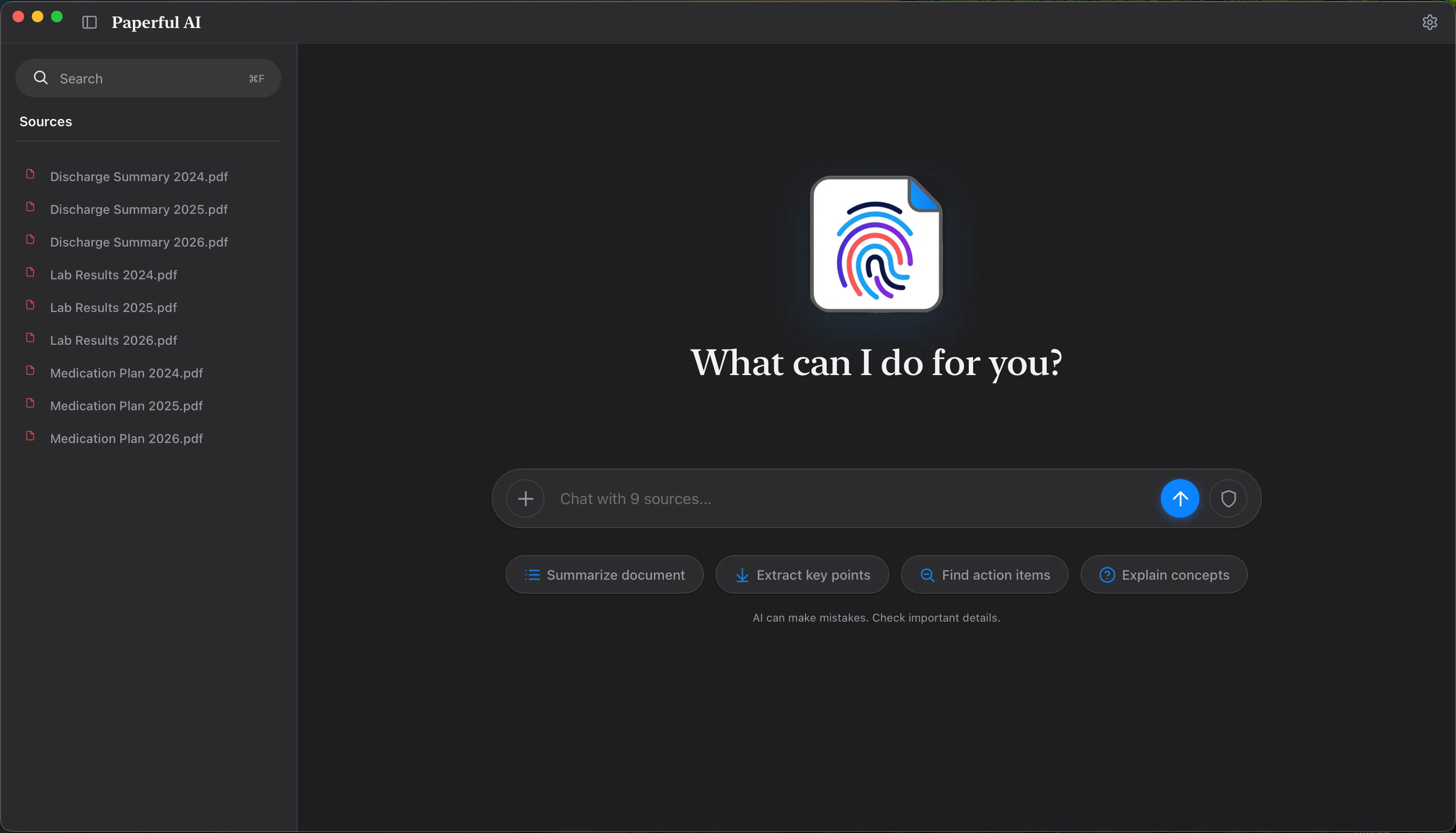 Paperful AI home screen in dark mode with nine indexed documents