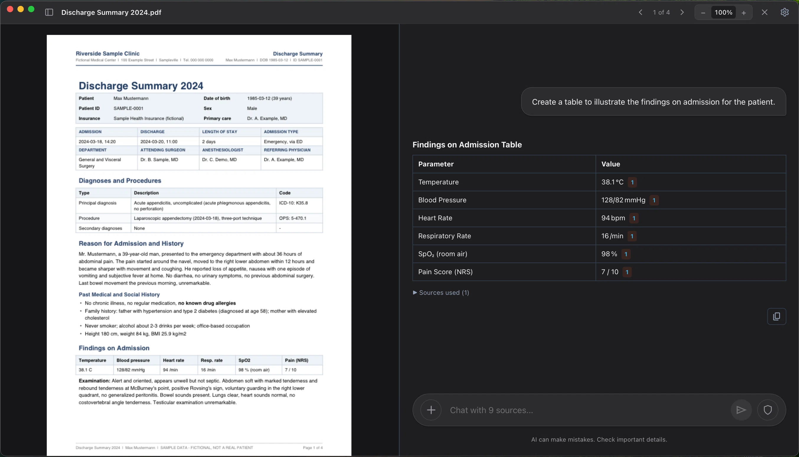 A discharge summary open beside a structured admission table generated from the document