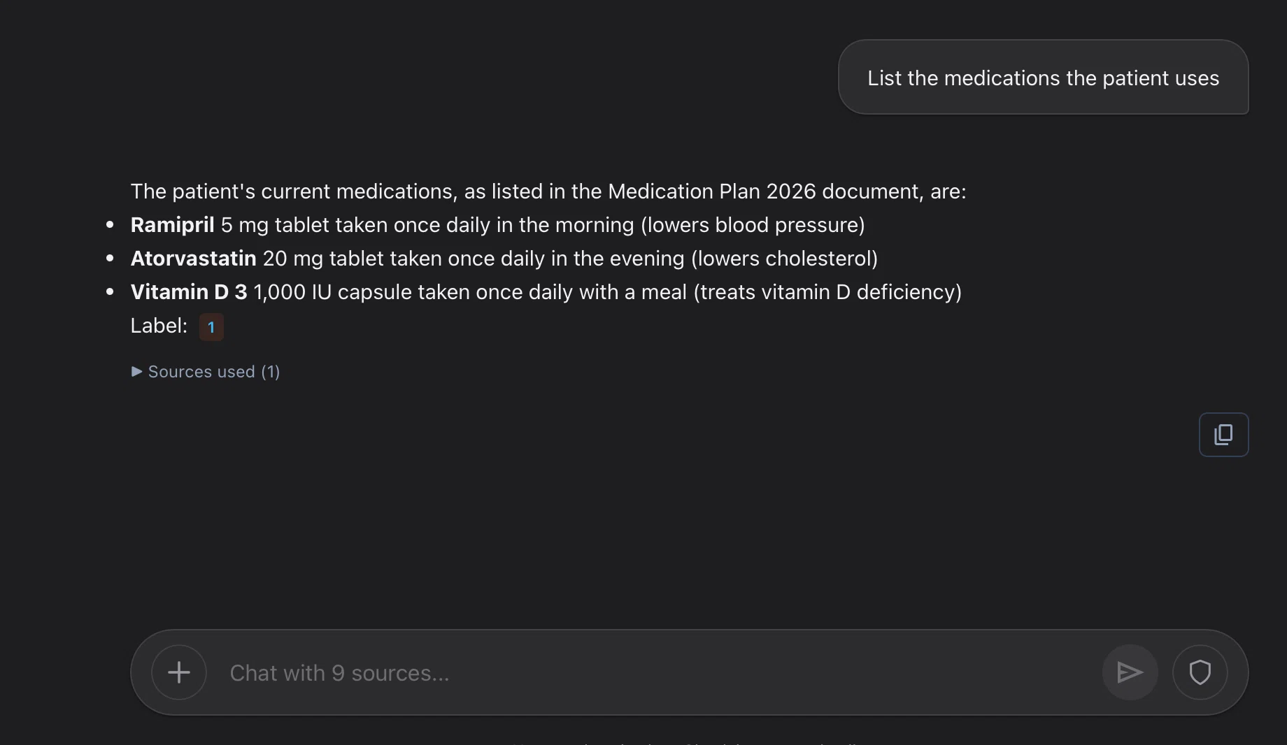 A list of a patient's medications with a link to the source document